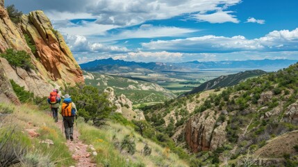 Obraz premium A group of friends hikes along a mountain trail, enjoying breathtaking vistas and natural beauty on a clear day