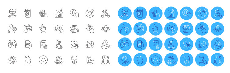 Education, Loan percent and Stats line icons pack. Wash hands, Mobile like, Click hand web icon. Baby carriage, Scroll down, Clapping hands pictogram. Dont touch, Organic tested, Teamwork. Vector