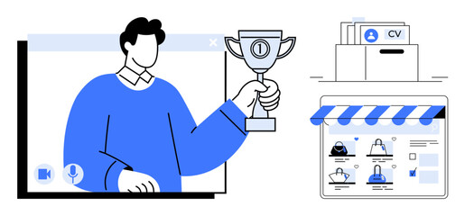 Person holding a trophy during video call, organized CVs in a box, online job portal interface showcasing profiles. Ideal for job search, remote achievements, recruitment, HR, virtual events, career