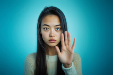 Asian young woman with long dark hair looks intently at the camera, raising her hand in a stop gesture to protest against human trafficking. Soft beige sweater. Blue background. Awareness poster.