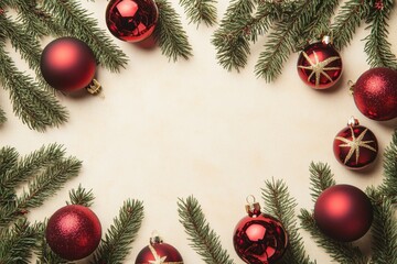 Christmas-themed background with burgundy Christmas ornaments and green fir branches on a beige background, with space for text, copy space, banner Generative AI