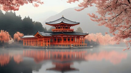 A beautiful red building with a large pond in front of it