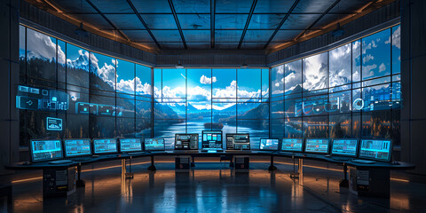 Futuristic control room with scenic view, High-tech operations room with nature backdrop, Advanced digital command center setup, Modern monitoring room with mountain view