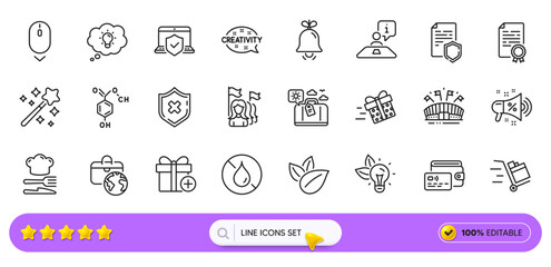 Push cart, Travel luggage and Scroll down line icons for web app. Pack of Energy, Certificate diploma, No waterproof pictogram icons. Bell, Magic wand, Organic product signs. Search bar. Vector
