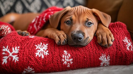 Adorable puppy wrapped in a red knitted blanket with snowflakes, resting on a couch, looking at the camera.