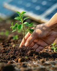 Planting for a Sustainable Future: Close-Up of Tree Planting with Solar Panels in Background