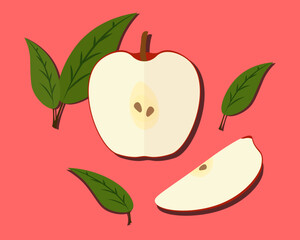 illustration of an apple with leaf, half an apple, vector