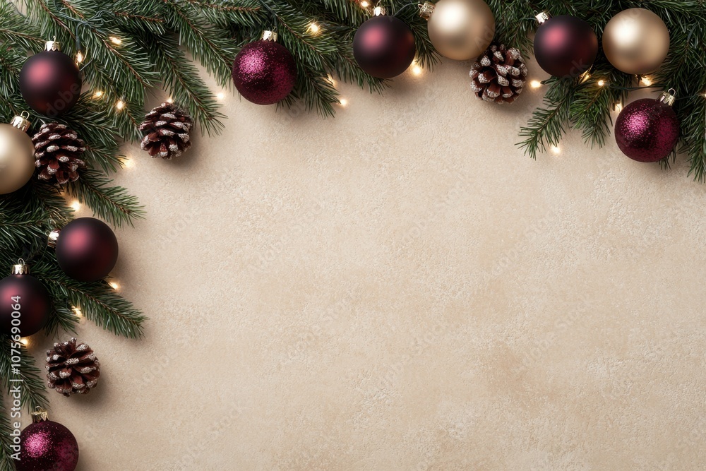 Aufkleber christmas background with pine branches and burgundy ornaments on a beige surface, with space for te