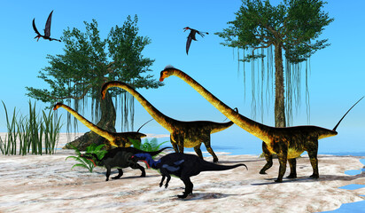 Barosaurus Dinosaur Wetland - Camptosaurus dinosaurs join with Barosaurus sauropod dinosaurs as Dorygnathus Pterosaurs fly over the group. © Catmando