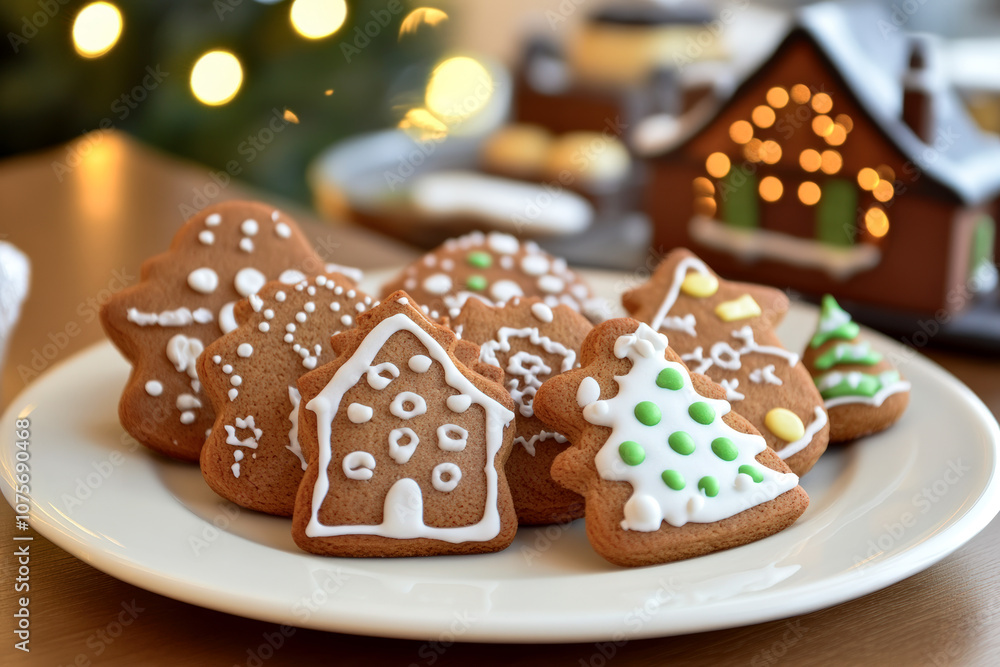 Wall mural Delicious selection of traditional Christmas cookies. Festive cookies and cookies in different shapes. Decorated Christmas cookies for Advent.