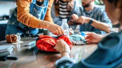 A family organizes an emergency kit on a kitchen table, focusing on essential items like a water bottle and flashlight