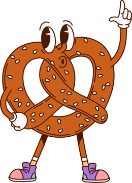 Naklejki Cartoon pretzel groovy fast food character. Isolated vector funky cheerful bretzel retro personage for bavarian or german cafe menu. Pastry bakery dessert with sprinkles. Cute oktoberfest patisserie