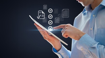 Checklist business monitoring concept, Businessman using digital tablet