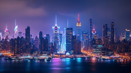 Vibrant Nighttime Cityscape, an urban skyline showcasing illuminated buildings and dynamic neon signs, reflecting the energy and allure of city life after dark.