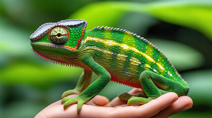 Fototapeta premium Close-up of green chameleon perched on a hand. AI-generated