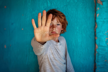 A young red-haired boy with a serious expression raises his hand in a stop gesture against a bright blue background, protesting against bullying. He wears a light gray shirt. Awareness poster.