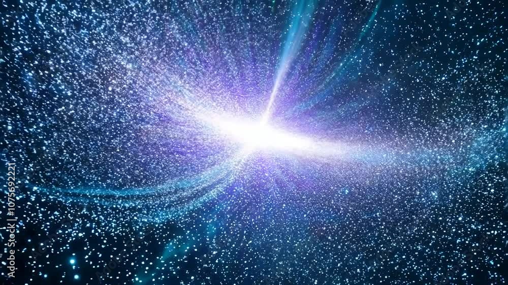 Poster radiating dense particle light rays in a cosmic backdrop generative ai