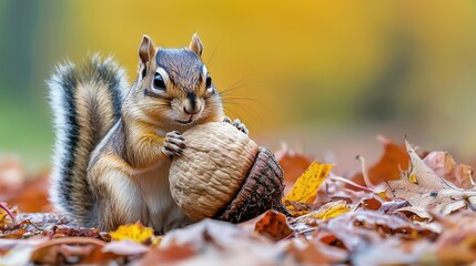 Obraz premium a squirrel clutching an acorn amidst a pile of blurred leafy background