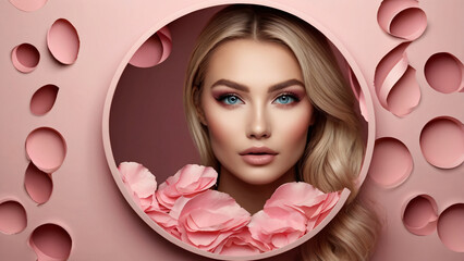 Beautiful Woman with Pink Makeup Through Torn Paper. Portrait of a stunning woman with pink eyeshadow and natural makeup looking through a torn pink paper background. Banner
