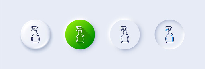 Cleaning spray line icon. Neumorphic, Green gradient, 3d pin buttons. Washing liquid or Cleanser symbol. Housekeeping equipment sign. Line icons. Neumorphic buttons with outline signs. Vector
