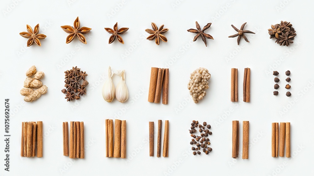 Poster a photo of various spices and nuts on a white backdrop, including a spot for a captive caption in th
