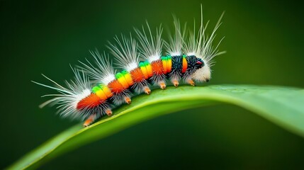   A clear picture of a caterpillar on a green leaf against a green background