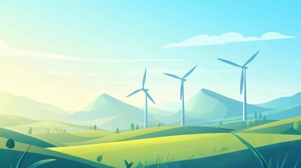 Fototapeta premium Wind turbines on rolling hills gentle slopes bright day clean background