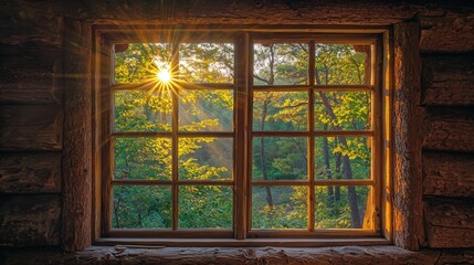 Sunlight streaming through a rustic window framing a serene forest at dawn