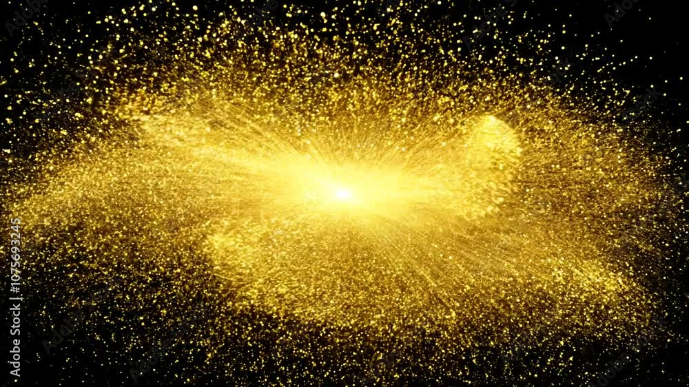 Poster explosive gold particles creating a glittering shockwave on black generative ai