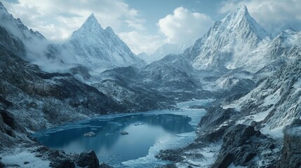 Majestic Himalayan Glacial Lakes, stunning turquoise waters nestled among towering snow-capped peaks, showcasing the awe-inspiring beauty of high-altitude landscapes.