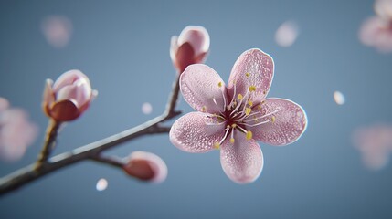   Pink flower close-up on tree branch with water drops & blue sky background