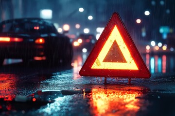 A wet night scene vividly showcases a reflective emergency triangle, effectively symbolizing the importance of caution and road safety amidst the challenging conditions of rain and busy traffic