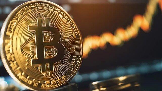 Pushing towards golden bitcoin sitting on a pile of bitcoins in front of a stock candle chart.