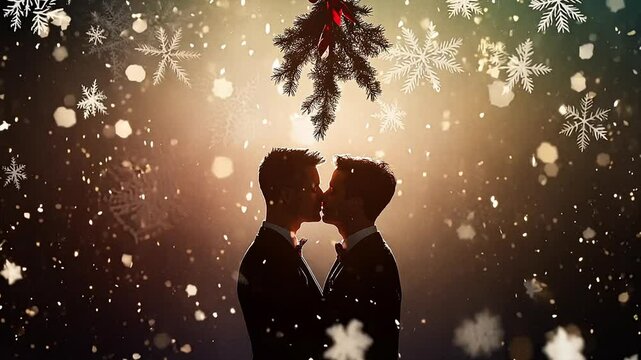 Gay couple kissing under the mistletoe in silhouette on Christmas.