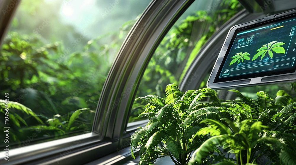 Poster a computer monitor rests atop a window sill, framing a verdant forest of towering trees