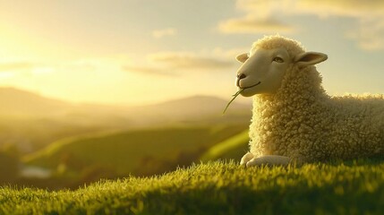 Fototapeta premium A sheep grazes in the meadow with a flower in its mouth, basking in the fading sunlight