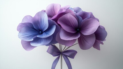 Obraz premium Purple and blue flowers with a satin ribbon bow on a white background.
