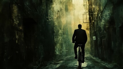 A man rides a bicycle down a narrow, misty street.