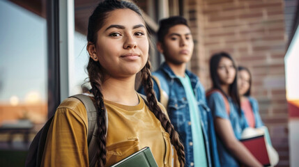 A group of Native American students on a college campus carries books and laptops, blending modern education with cultural heritage