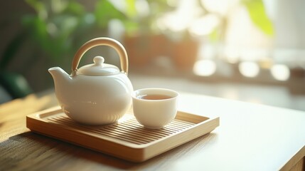 white porcelain teapot with a single cup placed on a wooden tray natural light minimalist composition high-resolution ideal for lifestyle and tea-related content.