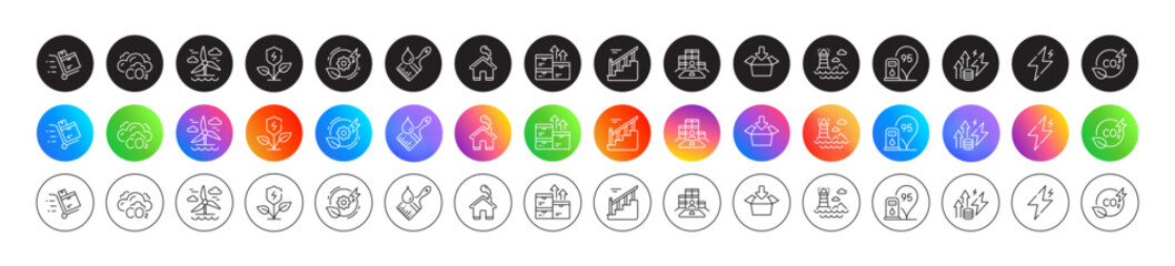 Green energy, Co2 and Home line icons. Round icon gradient buttons. Pack of Petrol station, Wholesale goods, Stairs icon. Co2 gas, Inventory, Energy inflation pictogram. Vector