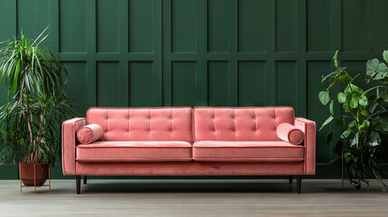   A pink couch sits in front of a green wall with two potted plants