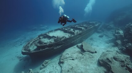 A scuba diver explores a sunken shipwreck on the ocean floor.