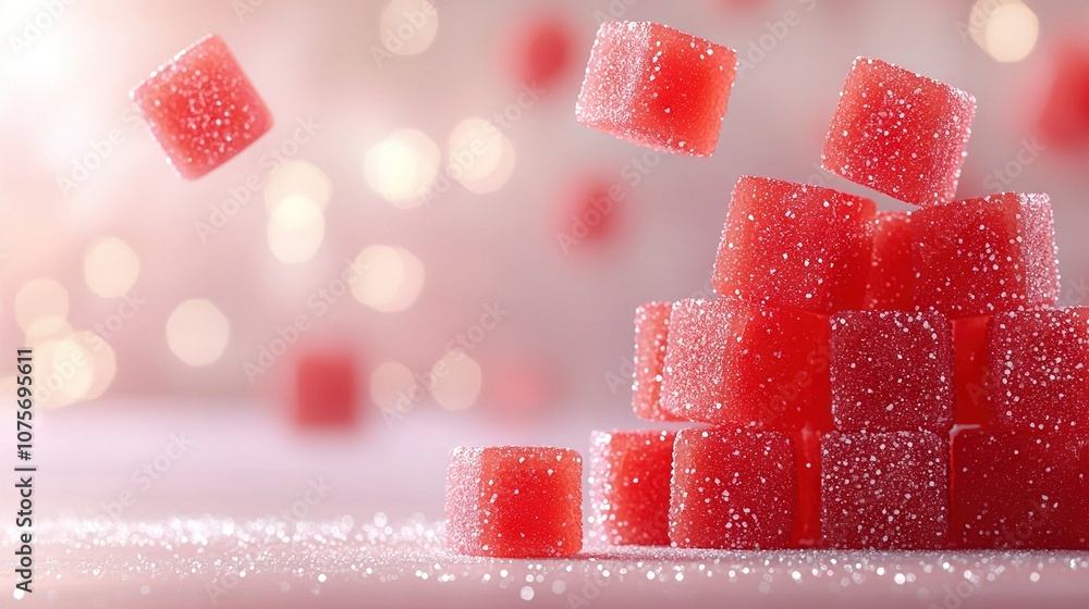 Poster red sugar cubes stacked on a table next to red sugar cubes