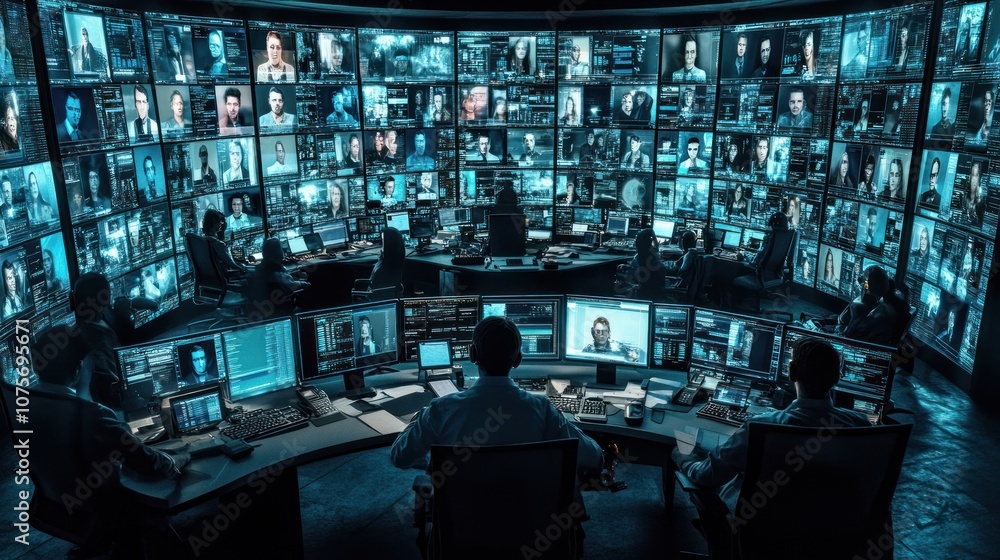 Poster a high-tech control room filled with screens displaying various faces and data.