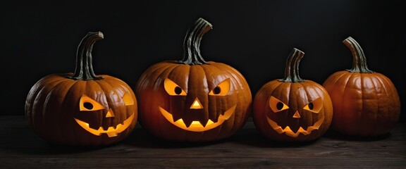 Three Glowing Jack-O'-Lanterns in a Spooky Autumn Night