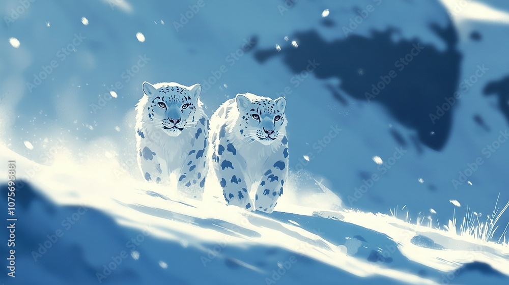 Poster two snow leopards stroll in a snow-covered terrain with a world map in the background