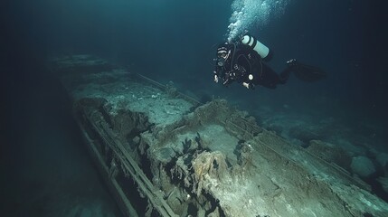 Obraz premium A scuba diver explores a shipwreck on the ocean floor.