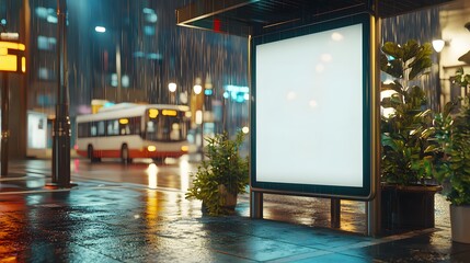 Blank digital billboard on a futuristic bus stop, appealing to urban tech-savvy audiences.


