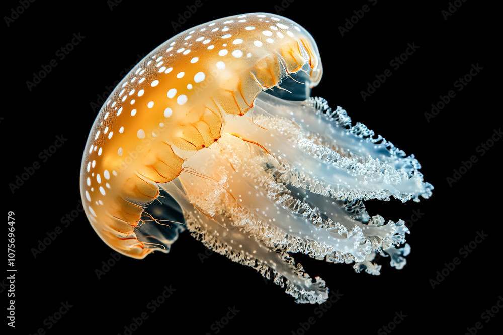 Poster jellyfish is floating in the ocean. the jellyfish is orange and white with many dots
